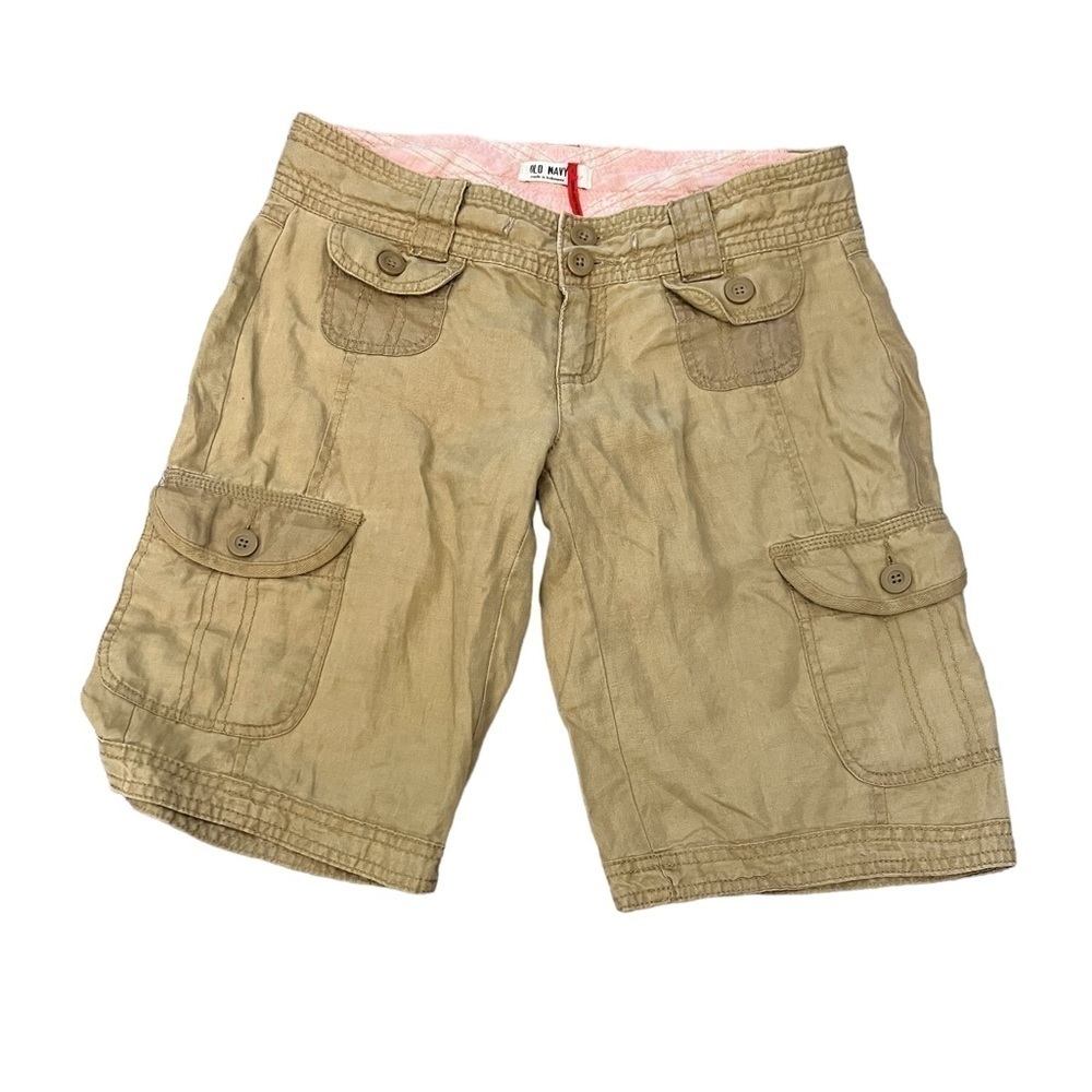 OLD NAVY 100% Linen Tan Cargo Long Fit Low Rise Casual Short 1
